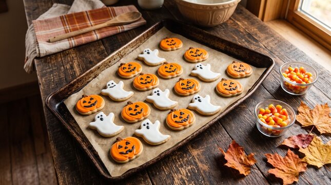 Baking sheet with iced pumpkin and ghost cookies
