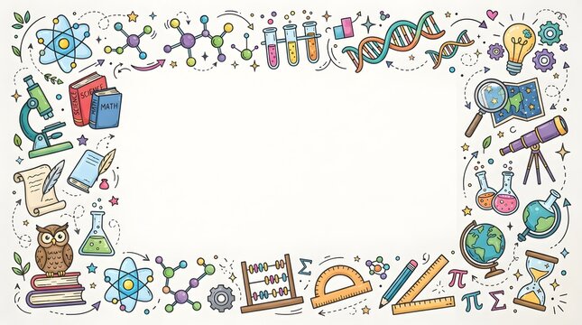 Colorful Science and Education Doodle Border with Mathematics, Laboratory, Technology, and Space Icons
