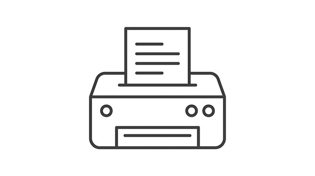 A line style illustration depicts a printer with paper showcasing office technology and document production automation