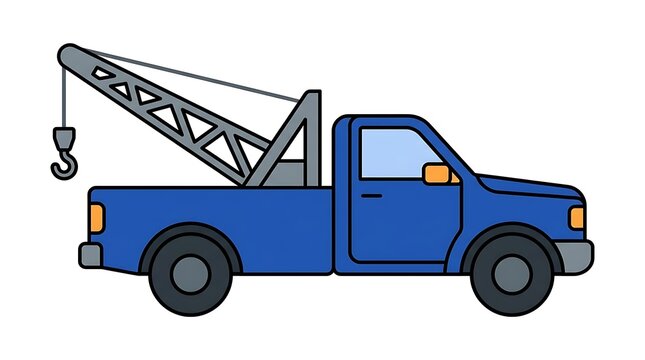 A blue tow truck with a lifting arm and hook is depicted in a flat vector illustration