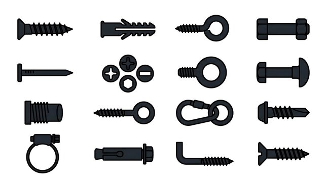 A collection of various fasteners including screws bolts and washers presented as a vector illustration assembly