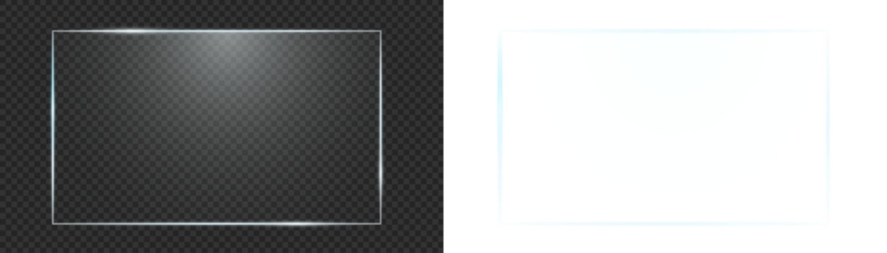 Rectangle frame transparent clear glass panel sheet overlay texture with realistic glossy light reflection empty acrylic vector effect PNG isolated display screen mockup