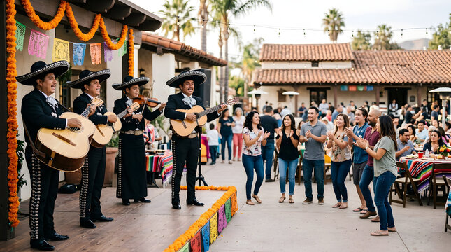 Mariachi band performing on an outdoor stage for a clapping audience. Festive Mexican cultural celebration in a courtyard