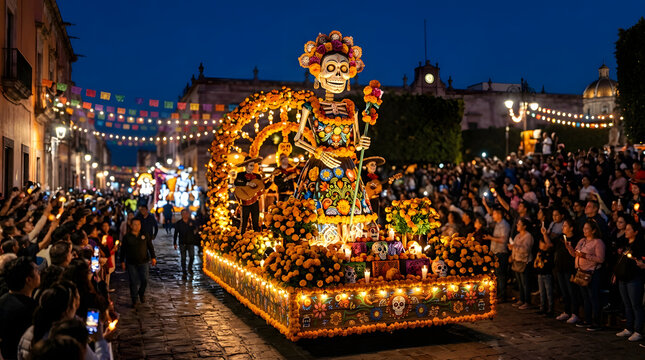 Illuminated Day of the Dead parade float with a giant Catrina skeleton. Mariachi musicians and orange marigolds on a festive nighttime street. Crowd of people watching the celebration