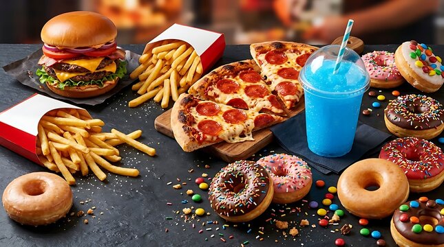 Assorted Fast Food Meal Including Burger Pizza Fries and Glazed Donuts on Dark Table Surface