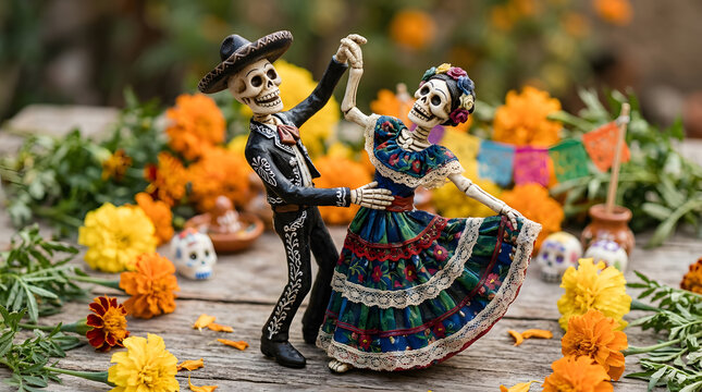 Dancing skeleton figurines in traditional Mexican clothing on a wooden table. Day of the Dead folk art decoration with marigolds and sugar skulls