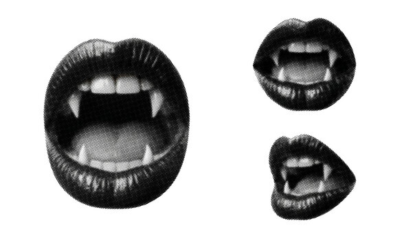 Set of vampire lips halftone texture, artistic collage, element on transparent background