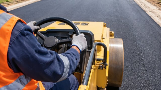 Operator driving a heavy yellow road roller to compact fresh asphalt on a new road construction project with asphalt compactor