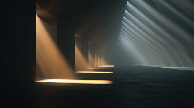 Abstract architectural scene with beams of sunlight passing through geometric openings, symbolic transition from darkness to hope and equality, Martin Luther King Jr. Day concept