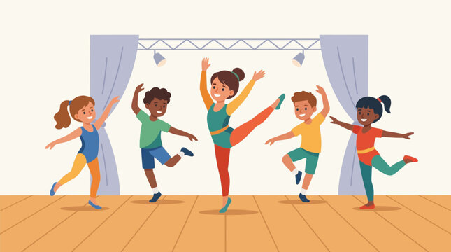 Flat vector illustration of a dance instructor and group of kids performing dance movements on a wooden stage with curtains and spotlights