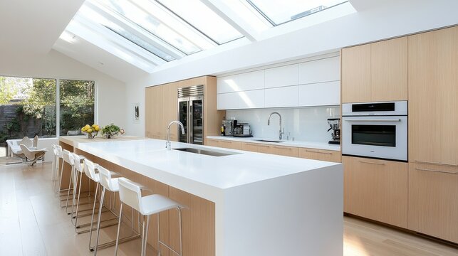 Contemporary Interior View of White island bar beneath clerestory windows pale oak cabinetr