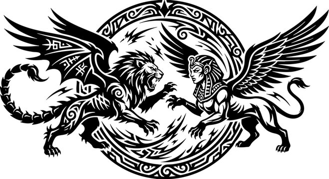 Winged Lion and Sphinx Mythical Creatures Tribal Vector Art