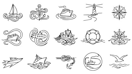Set of nautical icons and maritime symbols featuring ships anchors compasses and ocean elements © Jamai