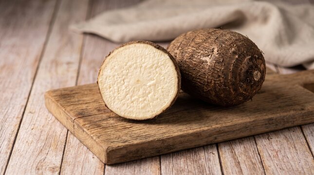 Fresh Taro Root Cut in Half on a Rustic Wooden Cutting Board