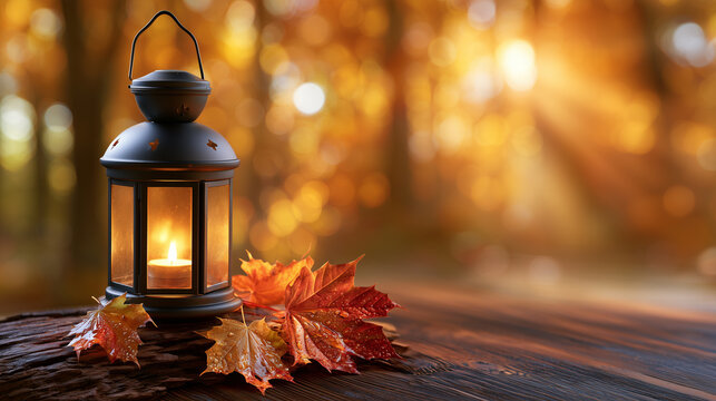 All Saints and All Souls Day Candlelight Remembrance in Autumn Forest. lantern with a glowing candle, wet autumn maple leaves and warm golden forest light. remembrance, memorial traditions and seasona