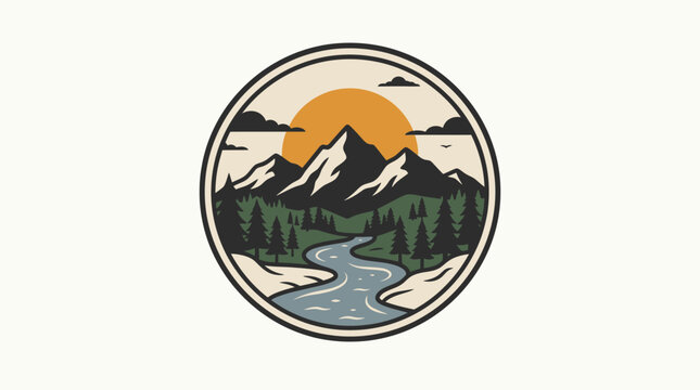 Circular mountain landscape badge with forest and river.