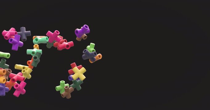 Colorful 3D cross-shaped objects move across the screen to create a dynamic transition animation. 4K resolution with alpha channel, ideal for motion graphics, social media, presentations and creative 
