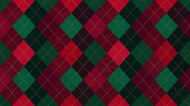 christmas Argyle plaid pattern with intersecting red with diamonds thin golden textured red green