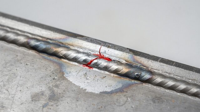 Macro Shot of Metal Weld Seam with Red Dye Penetrant Highlighting Crack Defect