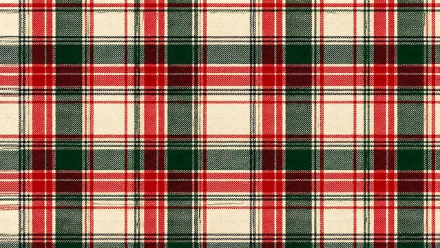 christmas Tartan plaid fabric pattern with red green and cream intersecting lines on textured surface