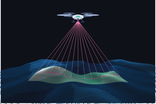 Drone LiDAR Survey with Laser Beams Scanning Point Cloud Terrain on Dark Background, Aerial Mapping Remote Sensing and Topographic Surveying Technology Concept


