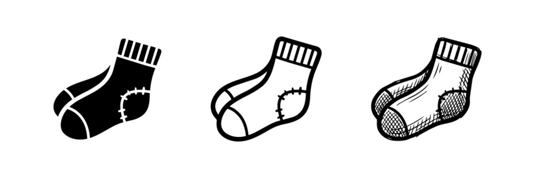 Sock Icon Set with Three Different Styles: Solid Silhouette, Line Outline, and Hand-Drawn Sketch. Isolated Black and White Vector Illustration of Cozy Winter Hosiery.