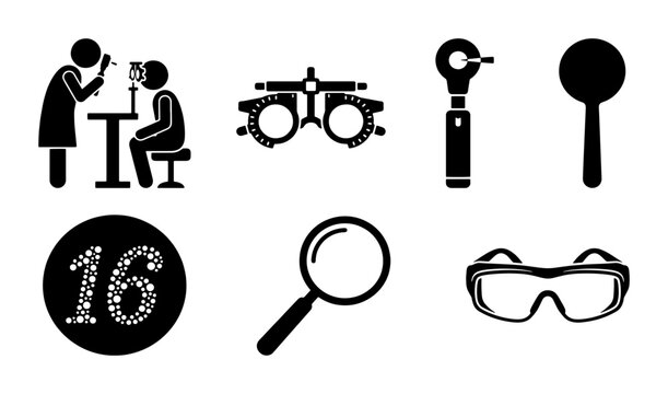 Ophthalmology and optometry icon set, professional eye exam equipment symbols, vision care and diagnostic tools vector collection for medical clinics
