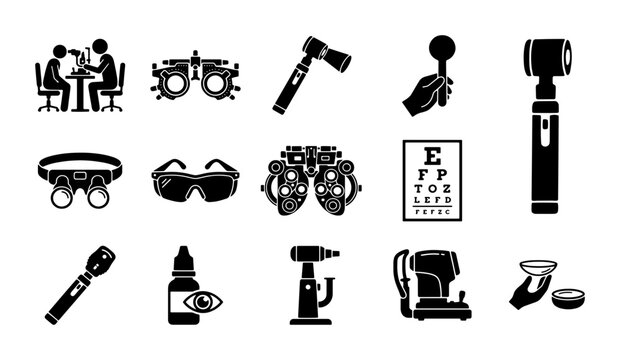 Ophthalmology medical equipment icons set, 15 black silhouette eye exam vector elements, optometry clinic diagnostic tools and vision care symbols