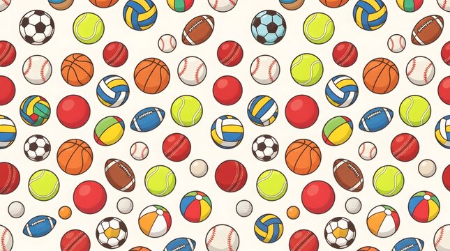 Colorful sports balls seamless pattern, cartoon athletic equipment background, repeat wallpaper with soccer basketball and tennis balls