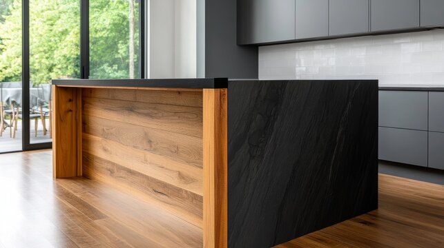 Refined Island Bar Design with Island bar with waterfall wood side panels black stone top gr