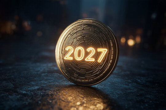 Generic digital currency concept for 2027, abstract metallic digital coin without recognizable logo beside glowing 2027 numerals, dark sophisticated financial technology background