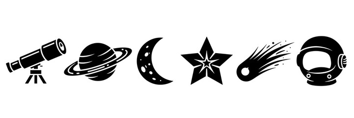 Astronomy icons set featuring telescope planet moon star comet helmet © Ruqia Batool