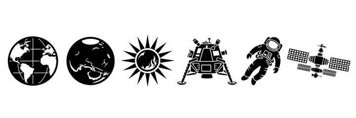 Astronomy icons collection featuring earth moon sun module astronaut orbit © Ruqia Batool