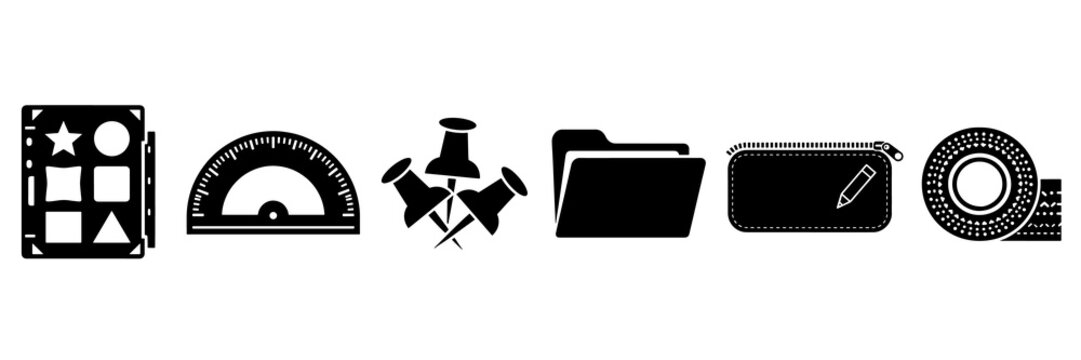 Black silhouette stationery icons showing school and office supplies