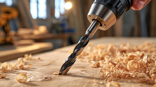Drill bit drilling wood shavings, Close-up woodworking detail background, Carpentry DIY project tool