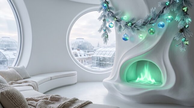 Parallel World Solarpunk Living Room Fireplace with Copy Space
