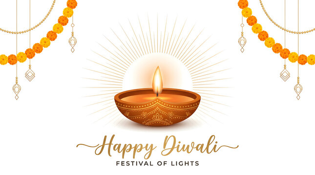 Happy diwali festival of lights greeting with traditional lit diya oil lamp and hanging marigold flowers