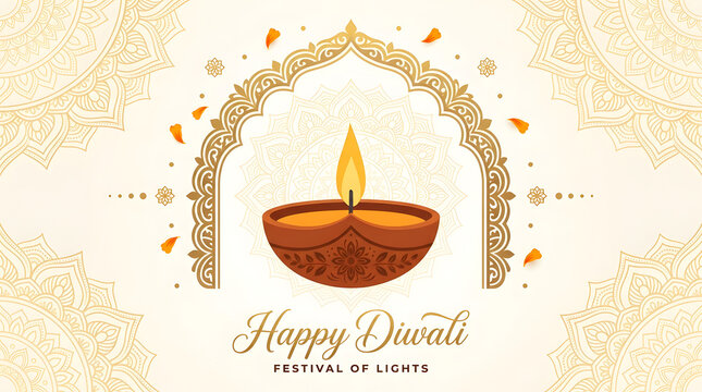 Happy diwali decorative greeting card featuring a glowing diya oil lamp under an ornate golden archway