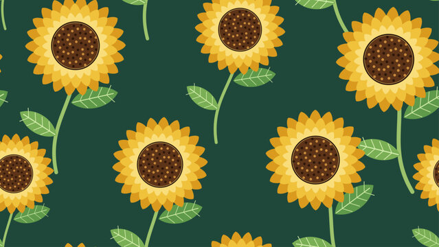 Seamless art nouveau sunflower floral pattern on dark green