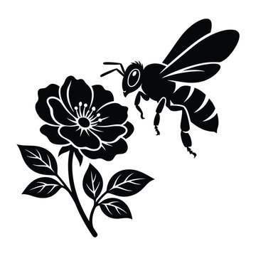 Black and white vector illustration of flying bee and flower