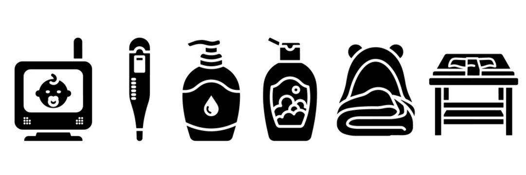 Baby care icons set with monitor, thermometer, soap and changing table