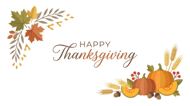 Happy thanksgiving autumn greeting card with pumpkin and maple leaf corner arrangement