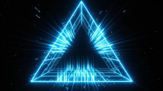 Glowing Blue Neon Wire frame Triangle Portal with Data Particles Loop
