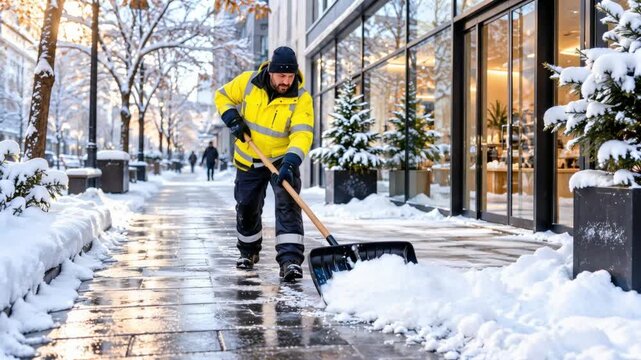 Snow removal worker shoveling snow from a city sidewalk in winter  