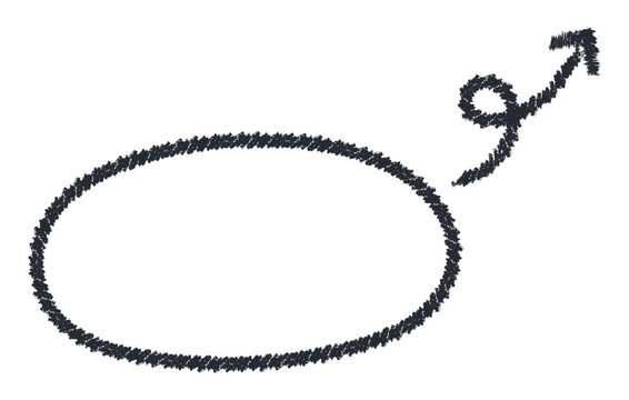 Hand drawn oval speech bubble frame with rough crayon outline and curved arrow pointer, empty callout template for posters, social media, presentations, advertising, labels and creative graphic design