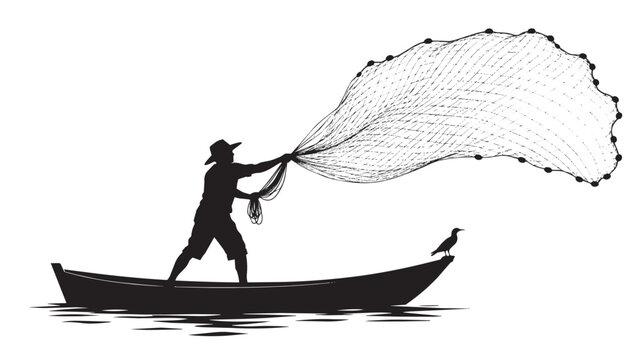 Fisherman standing inside a small wooden boat throws a large net over the surface of the water.