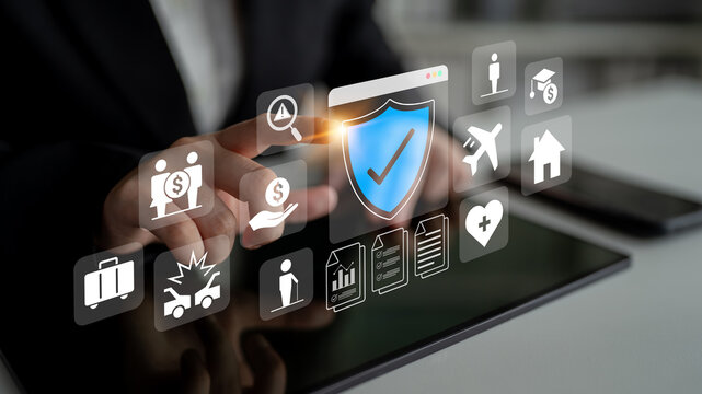 Various insurance icons like travel, health, home, and car protection connected to a central blue shield icon Parse