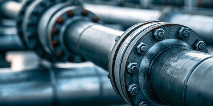 Close-up view of industrial metal pipes with flanges and bolts, showcasing heavy machinery and technical infrastructure with a cool blue tone.