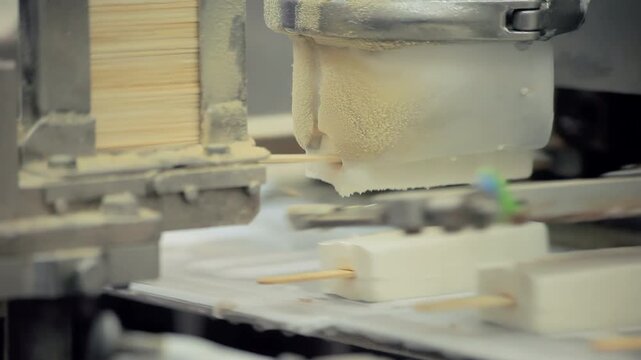 Ice cream bars close up. Old machine lifting frozen popsicles from metal mold.