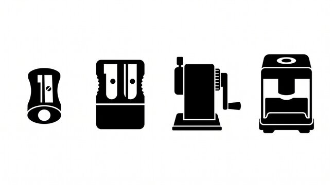 Collection of four black pencil sharpeners on a white background